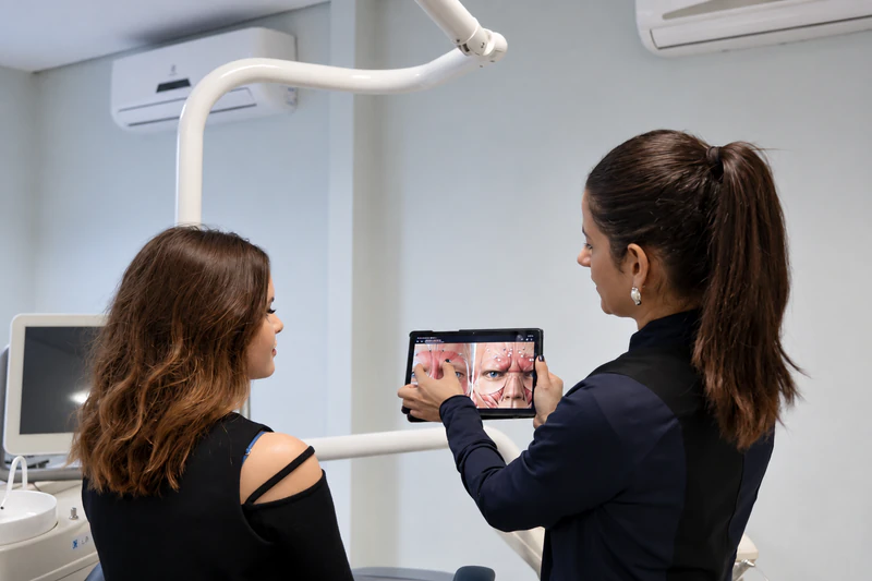 Profissional explica o atendimento a uma paciente usando um tablet.
