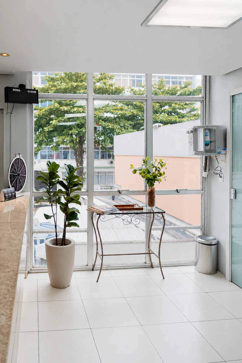 Recepção com luz natural, plantas e uma mesa junto à janela.